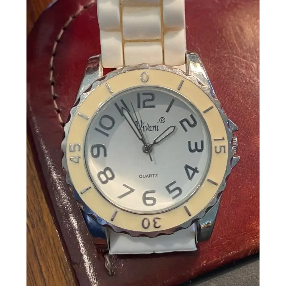 Women's Silver Tone Vivani Watch, Ivory Tone Bezel, White Poly Band